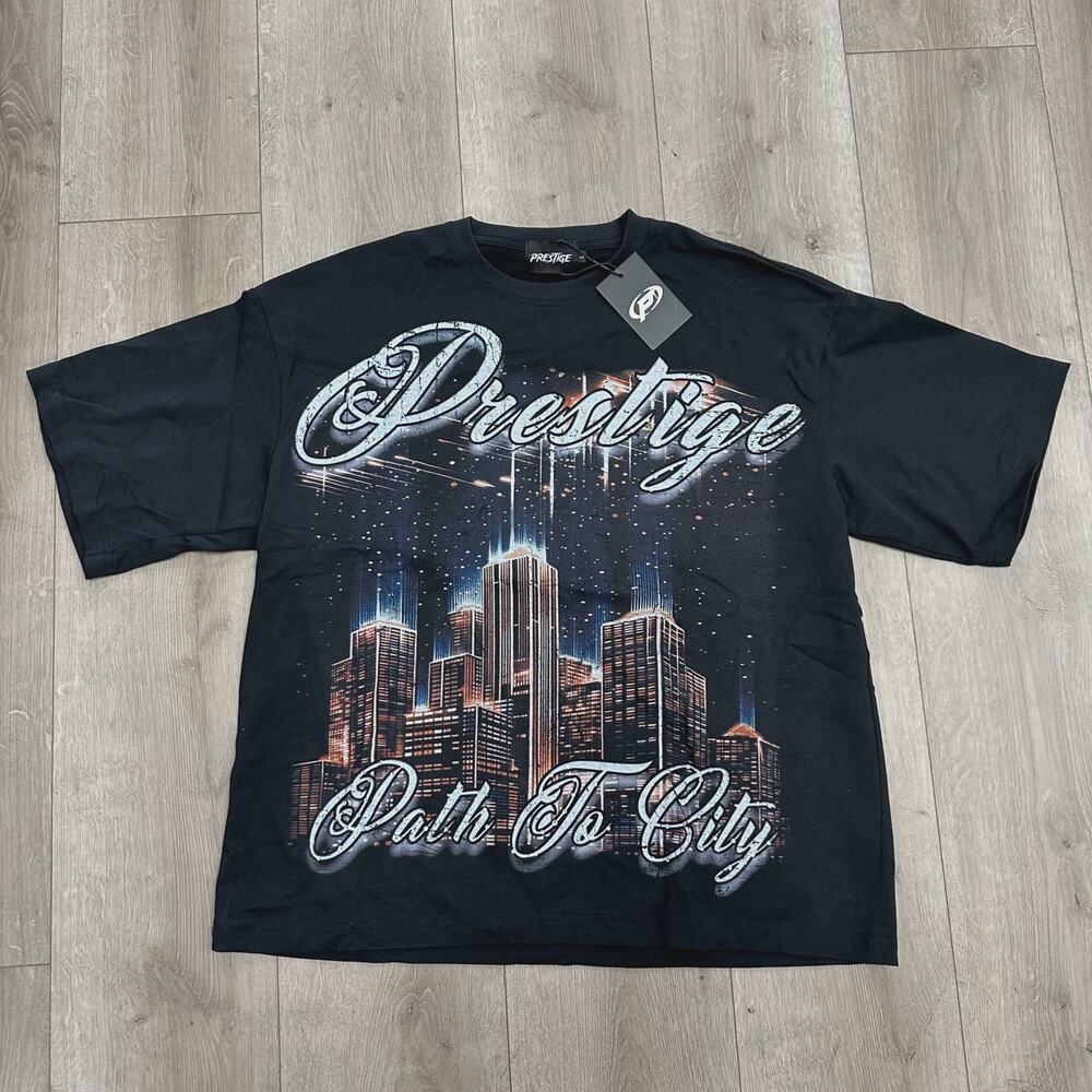 Prestige Path To The City Rhinestone Tee T Shirt Black size Large L SF
